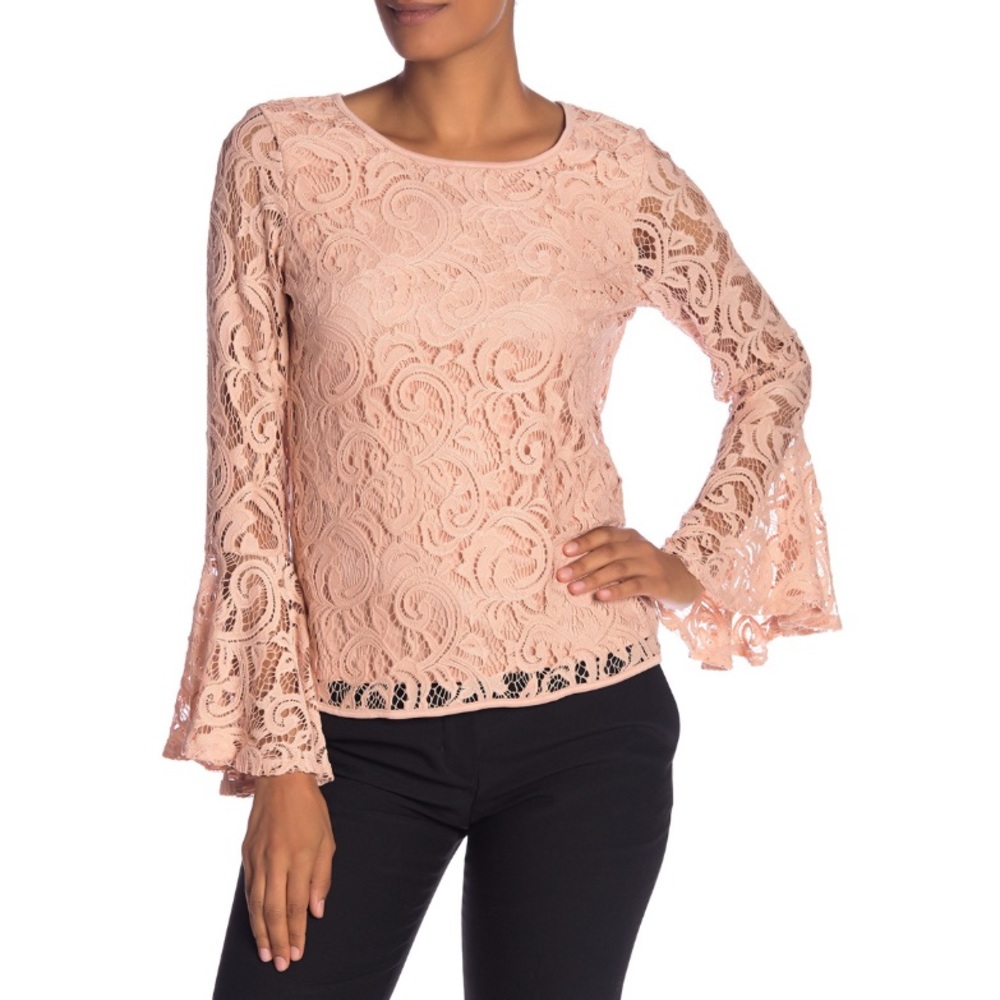 Adrianna Papell Lace Bell Sleeve Top L